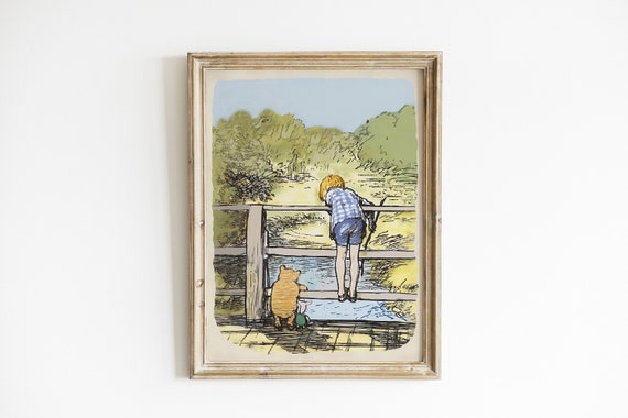 くまさんと一緒 絵画 ゴールドフレーム 橋の上のくまのプーさんとクリストファー・ロビンのイラスト、保育園用