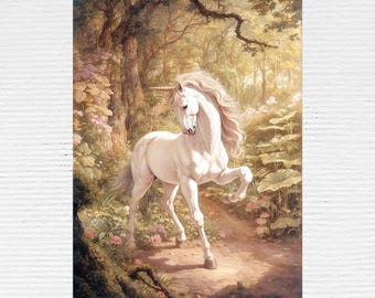 White Unicorn in Enchanted Forest Illustration, Fairytale Unicorn Wall Art, Whimsical Printable Art for Nursery, Girls Room, Children's Room