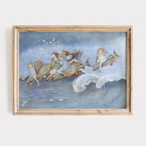 Fairies riding on Flying Fish Vintage Illustration by Ida Rentoul Outhwaite, Fairy art for Nursery, Vintage Children&#39;s Book Wall Art.
