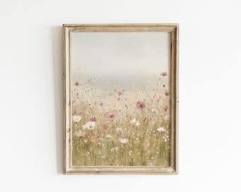 Pink and White Wildflower Wall Art, Summer Floral Field Painting Printed on Premium Matte Paper.
