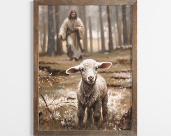 Jesus Christ Will Save the Lamb Oil Painting, The Good Shepherd Fine Art Print, Jesus Leaves the 99 Print, the Parable of the Lost Sheep.