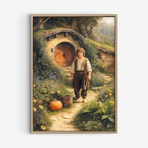 Home Sweet Home in the Shire, Fantasy House Flower Garden Oil Painting, Digital Download Hobbiton Wall Art.