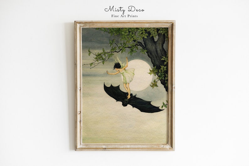 Fairy Riding on a Bat, Antique Wall Art by Ida Rentoul Outhwaite, Cute Vintage Fairytale Bat Wall Decor, The Golden Age of Illustration. image 1