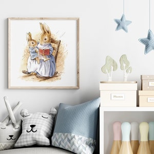 Printable Vintage Beatrix Potter Bunny Wall Art, Rabbit Mom Reading for Peter Rabbit, Cute Nursery Gift Print Art, Children's Room Decor.