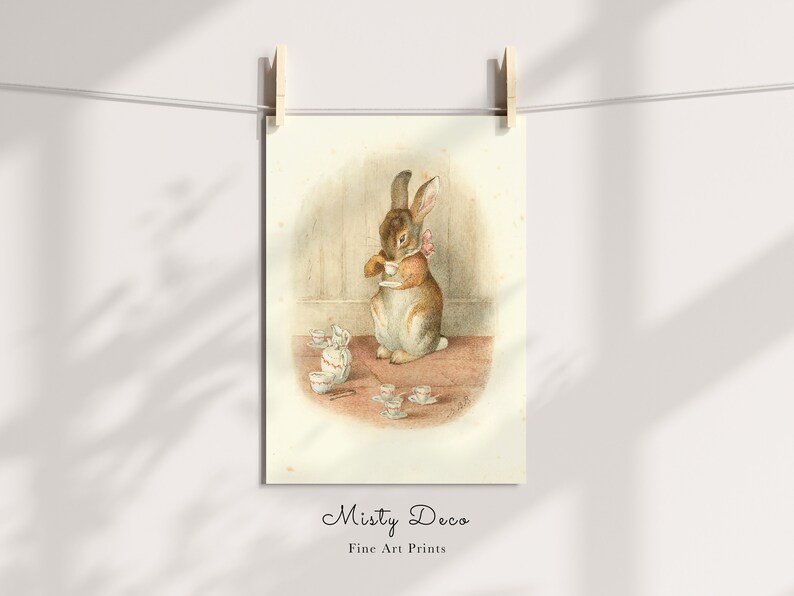 May include: A vintage illustration of a brown rabbit wearing a pink bow, sitting at a table with a teacup and saucer. The rabbit is surrounded by other teacups and saucers, and there is a teapot on the table.