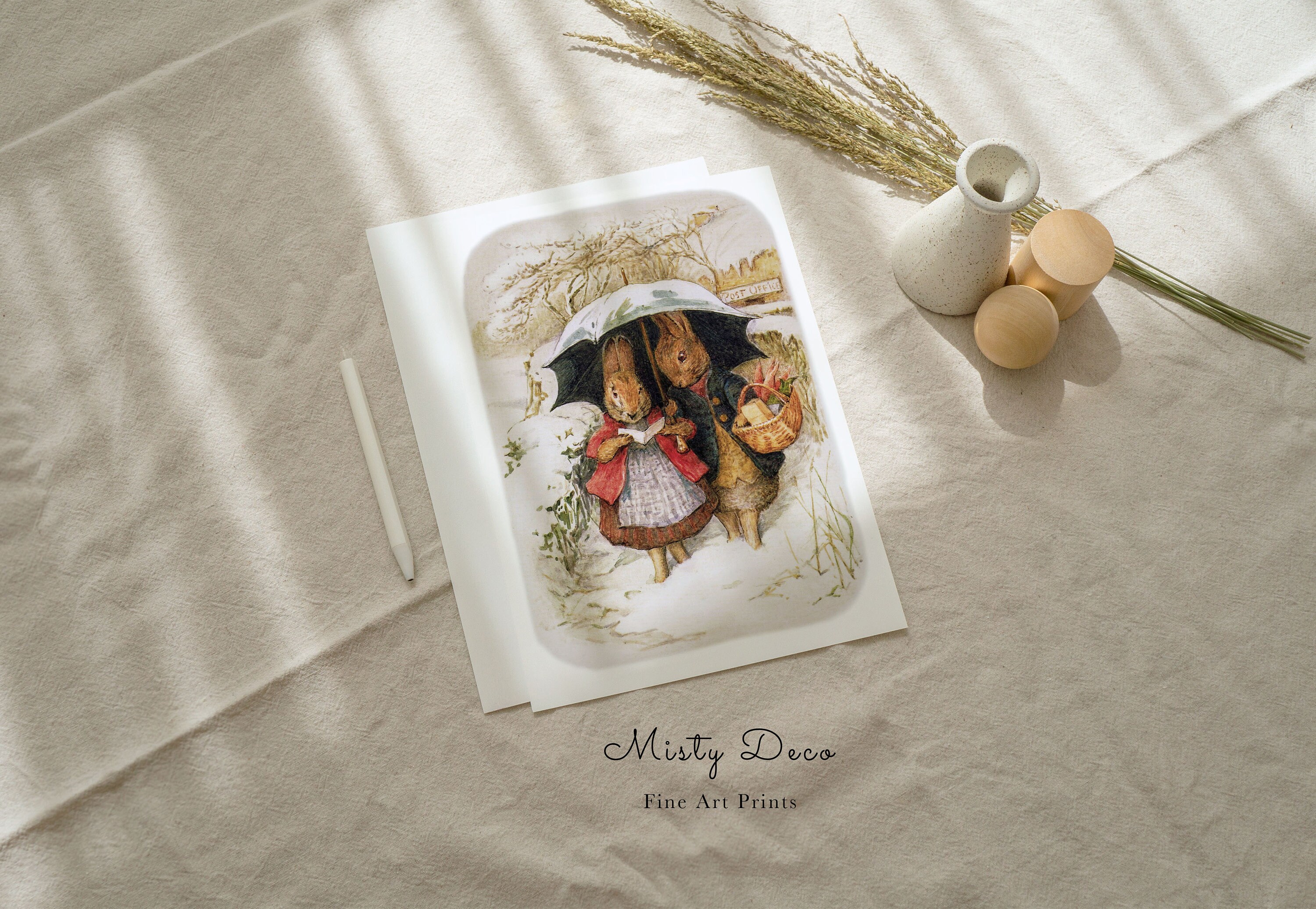 傘の下のかわいいウサギ、ビアトリクス・ポターによる気まぐれな