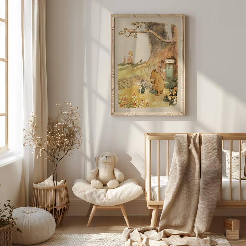 May include: A framed illustration of Winnie the Pooh and Piglet walking through a forest. The illustration is in a light brown frame and is hanging on a white wall.