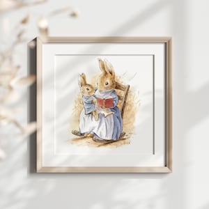 Printable Vintage Beatrix Potter Bunny Wall Art, Rabbit Mom Reading for Peter Rabbit, Cute Nursery Gift Print Art, Children's Room Decor.