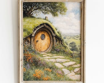 House in Fantasy Valley Landscape, Painting of Fantasy House in Flower Meadow Landscape, Digital High Fantasy Power Ring Wall Art.