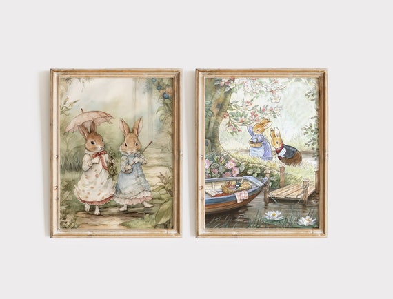 Vintage Beatrix Potter Bunnies Illustration Set of 2, Cute Bunny Poster Art for Nursery, Printable Nursery Gift Wall Art.