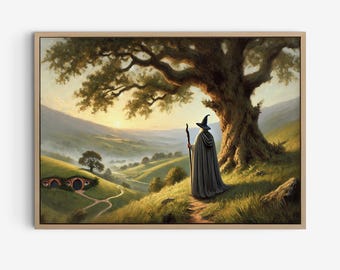 Wizard in Fantasy Valley Landscape, Digital Wizard Power Ring Poster, Fantasy Fellowship Wall Art.