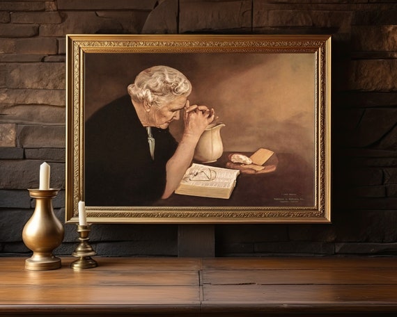 Gratitude by Eric Enstrom, Old Woman Praying Over Bread, Pray To Jesus Printable Wall Art, Elderly Woman Praying Over Food, Pray to God Art.