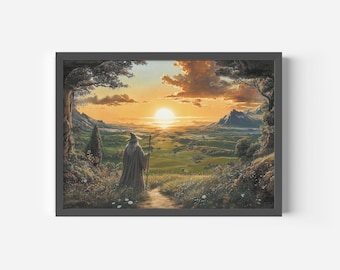 Power Ring Wizard Fantasy Painting, Fellowship Landscape Sunset Poster Printed on Premium Matte Paper.