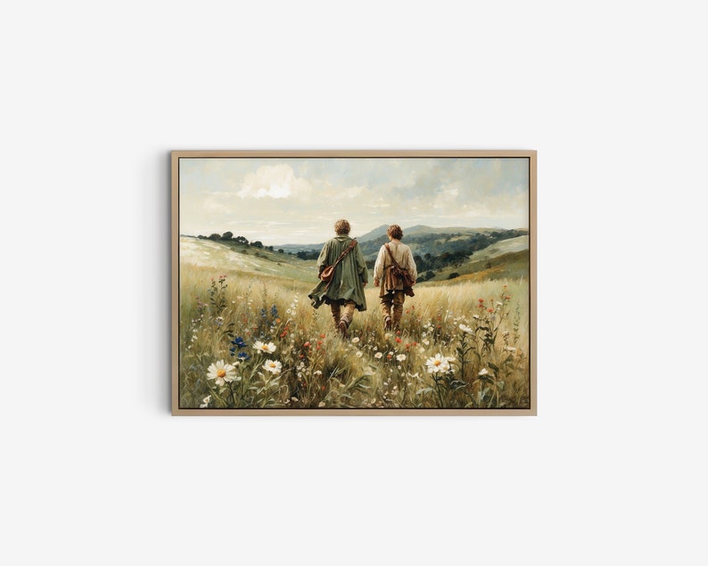 Op de afbeelding: Twee figuren lopen van de kijker weg in een veld vol wilde bloemen. De figuren dragen eenvoudige kleding en lopen over een pad in een veld met groen gras en wilde bloemen. De lucht is blauw en in de verte zijn heuvels te zien.