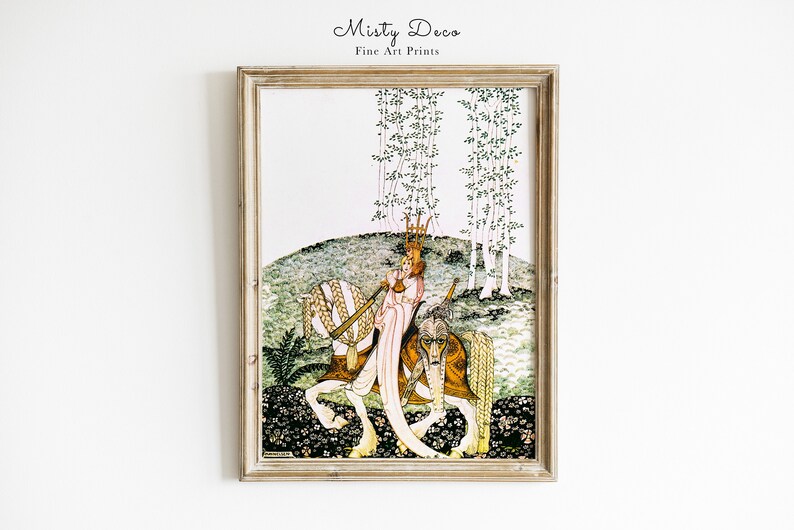 May include: A framed illustration of a woman in a crown riding a horse through a forest. The woman is wearing a pink dress and the horse is brown and white. The background is a green forest with white trees.