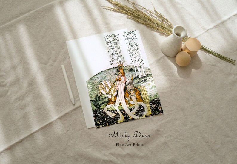 May include: A fine art print of a woman in a crown riding a white horse through a forest. The print is on a white background and has the text "Misty Deco Fine Art Prints" at the bottom.
