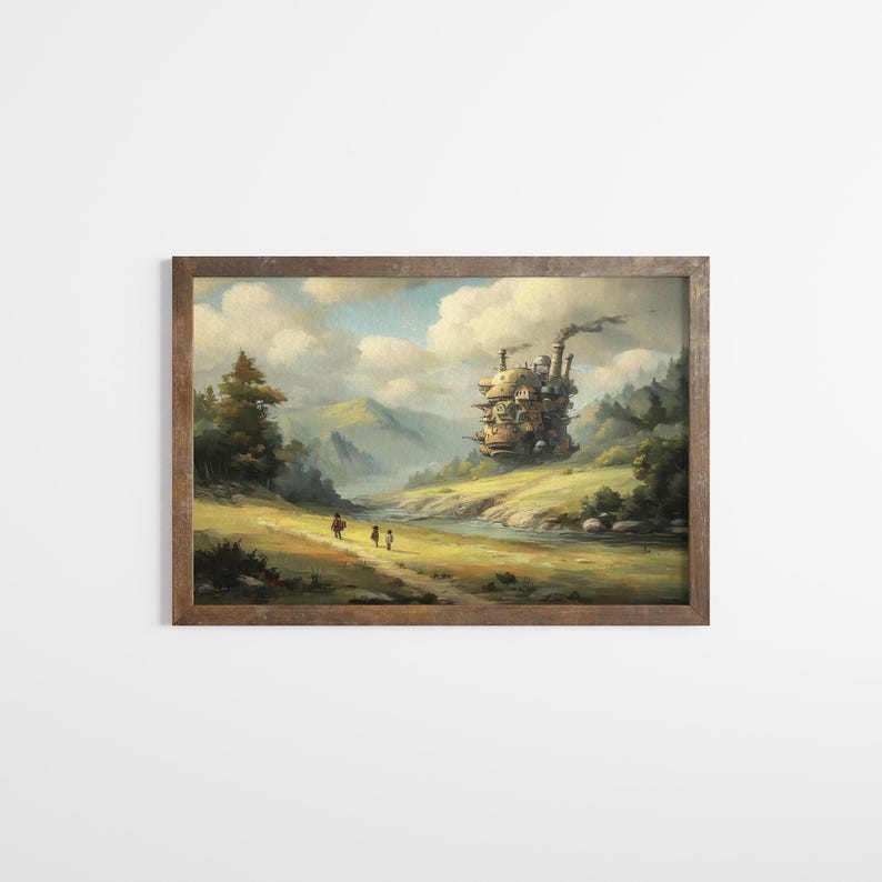 May include: A framed landscape painting depicts a fantastical scene with a moving castle, a river, and figures walking on a path. The artwork features a warm color palette with greens, yellows, and blues, evoking a sense of whimsy and adventure.