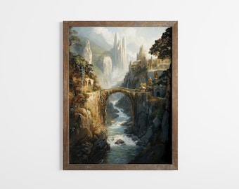 Elvish River Valley Fantasy Gemälde, Digital High Fantasy Power Ringe Wandkunst, Gemeinschaft Poster.