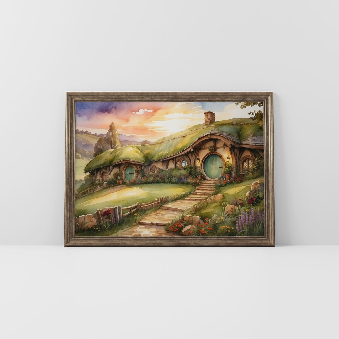 Hobbit Hole in the Sunset Watercolor Painting, Bilbo Baggins House in ...