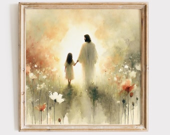 Come Follow me, Jesus Watercolor Painting, Jesus Walking the Path with a little Girl, Christian Gift Art, Printable Bible Art.