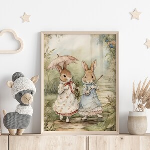 Vintage Beatrix Potter Bunnies Illustration Set of 2, Cute Bunny Wall Art for Nursery, Printable Vintage Children's Room Poster Art.