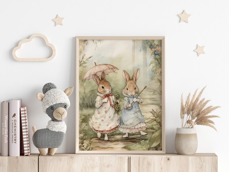 Vintage Beatrix Potter Bunnies Illustration Set of 2, Cute Bunny Wall Art for Nursery, Printable Vintage Children's Room Poster Art.