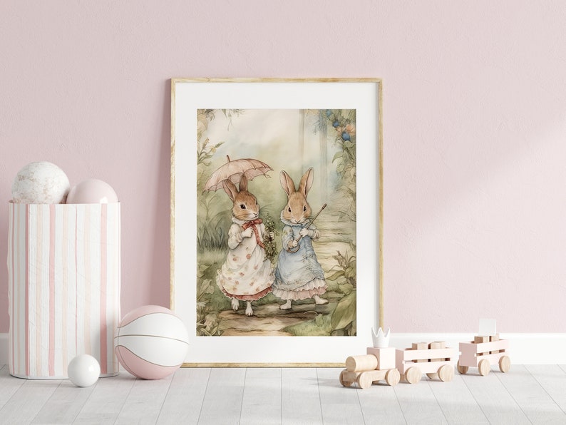 Vintage Beatrix Potter Bunnies Illustration Set of 2, Cute Bunny Wall Art for Nursery, Printable Vintage Children's Room Poster Art.
