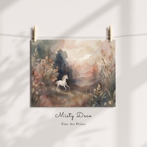 Whimsical Watercolor Painting of a Unicorn running in a Magical Fairy Tale Meadow, Aesthetic Unicorn Art, Enchanting Unicorn Nursery Print.
