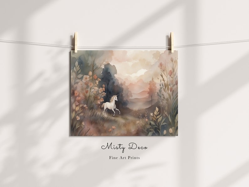 Whimsical Watercolor Painting of a Unicorn running in a Magical Fairy Tale Meadow, Aesthetic Unicorn Art, Enchanting Unicorn Nursery Print.