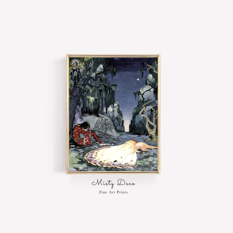 May include: A vintage illustration of a man and woman in a forest setting. The man is wearing a red and gold outfit and is sitting on the ground. The woman is wearing a white dress and is lying on the ground. The background is a dark forest with a starry night sky.