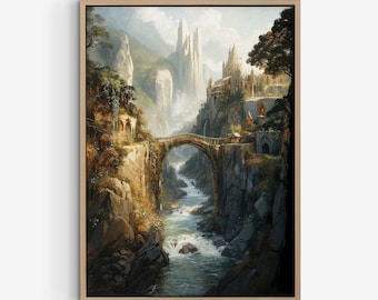 Pintura al óleo de paisaje del río élfico, lámina artística de Power Ring, póster del río Fellowship.