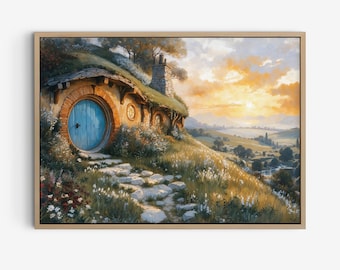 House in Fantasy Valley Landscape, Painting of Fantasy House in Flower Meadow Landscape, Digital High Fantasy Power Ring Wall Art.
