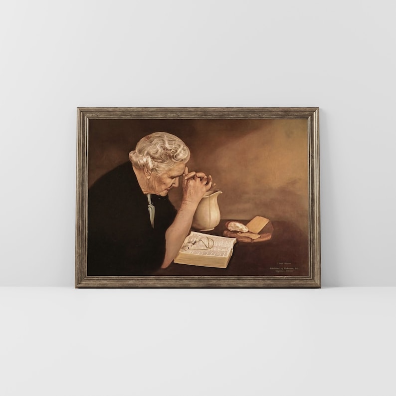 Gratitude by Eric Enstrom, Old Woman Praying Over Bread, Pray To Jesus Printable Wall Art, Elderly Woman Praying Over Food, Pray to God Art.