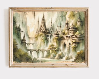 Elvish rivierlandschap inkt illustratie, Power Ring Fine Art Print, Fellowship River poster.