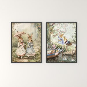Vintage Beatrix Potter Bunnies Illustration Set of 2, Cute Bunny Wall Art for Nursery, Printable Vintage Children's Room Poster Art.