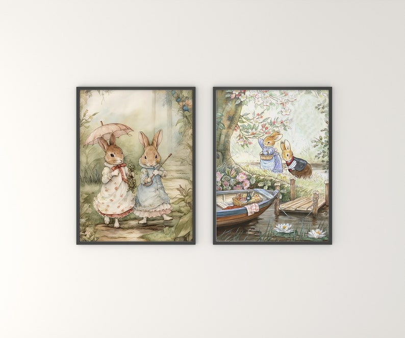 Vintage Beatrix Potter Bunnies Illustration Set of 2, Cute Bunny Wall Art for Nursery, Printable Vintage Children's Room Poster Art.