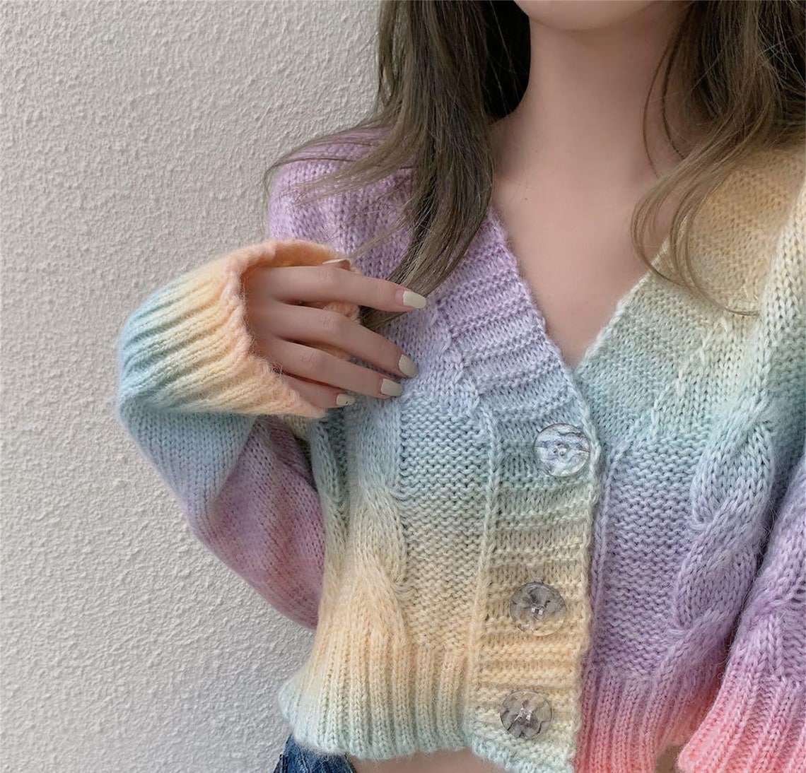 Pastel Rainbow Cardigan Knitted Cropped Sweater Top Kawaii - Etsy