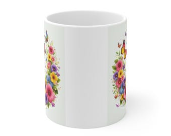 Tazza con ghirlanda floreale "Ciao primavera" / Farfalle, fiori colorati