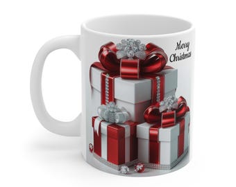 Stacked Red and White Christmas Presents Mug | 11oz Holiday Coffee Cup