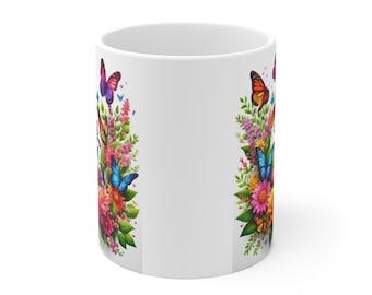Tazza Regina di Primavera / Corona floreale, farfalle, fiori primaverili colorati