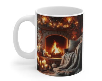 Tazza con scena di camino accogliente / Camino caldo illuminato da candele 11 oz