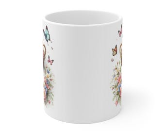 Tazza in ceramica da 325 ml con decorazione floreale a corona della Regina di Primavera e farfalle.