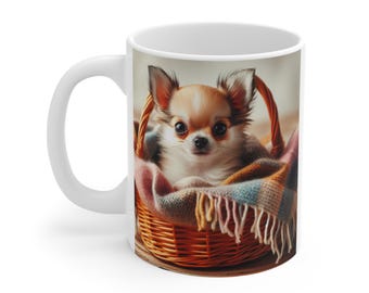 Tazza con cucciolo di Chihuahua nel cestino / Tazza da caffè accogliente per cani (315 ml)