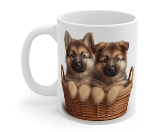 Tazza con due cuccioli di pastore tedesco / Tazza da caffè con cestino per cuccioli