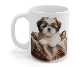 Tazza con cucciolo di Shih Tzu in cestino / Tazza da caffè accogliente con foto di cane