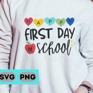 Glücklicher Erster Schultag Zurück in der Schule Glücklicher Ersttagslehrer Kinder Schulleiter SVG PNG Digitaldruck Cricut Sublimation Aufbügeln