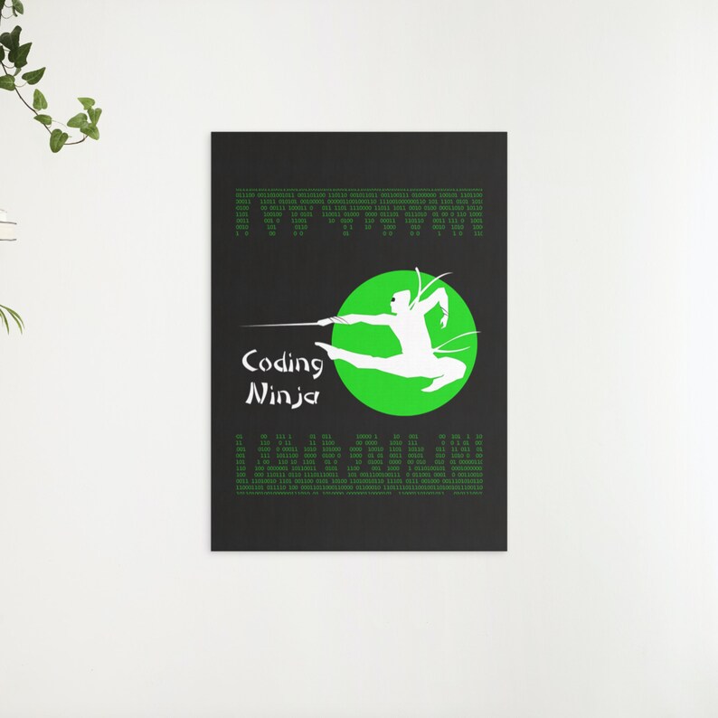 Puede incluir: Un p&oacute;ster negro y verde con el texto "Coding Ninja" y una silueta de una persona en pose de ninja. La persona sostiene una espada y est&aacute; rodeada por un c&iacute;rculo verde.