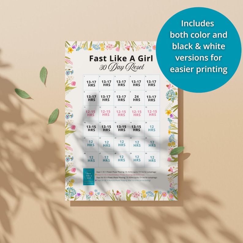 May include: A floral-themed 30-day reset calendar titled "Fast Like A Girl." The calendar includes a color and black & white version for easier printing. The calendar features daily time blocks for intermittent fasting, with floral accents.