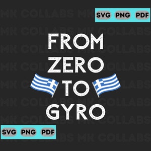 Può includere: Testo bianco su sfondo nero che dice "From Zero to Gyro" con due bandiere greche su entrambi i lati della parola "to".