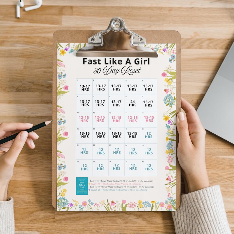 May include: A clipboard with a floral border holds a 30-day reset calendar titled "Fast Like A Girl." The calendar features time blocks like 13-17 HRS and 12-15 HRS. A hand holds a pencil, ready to mark the calendar.